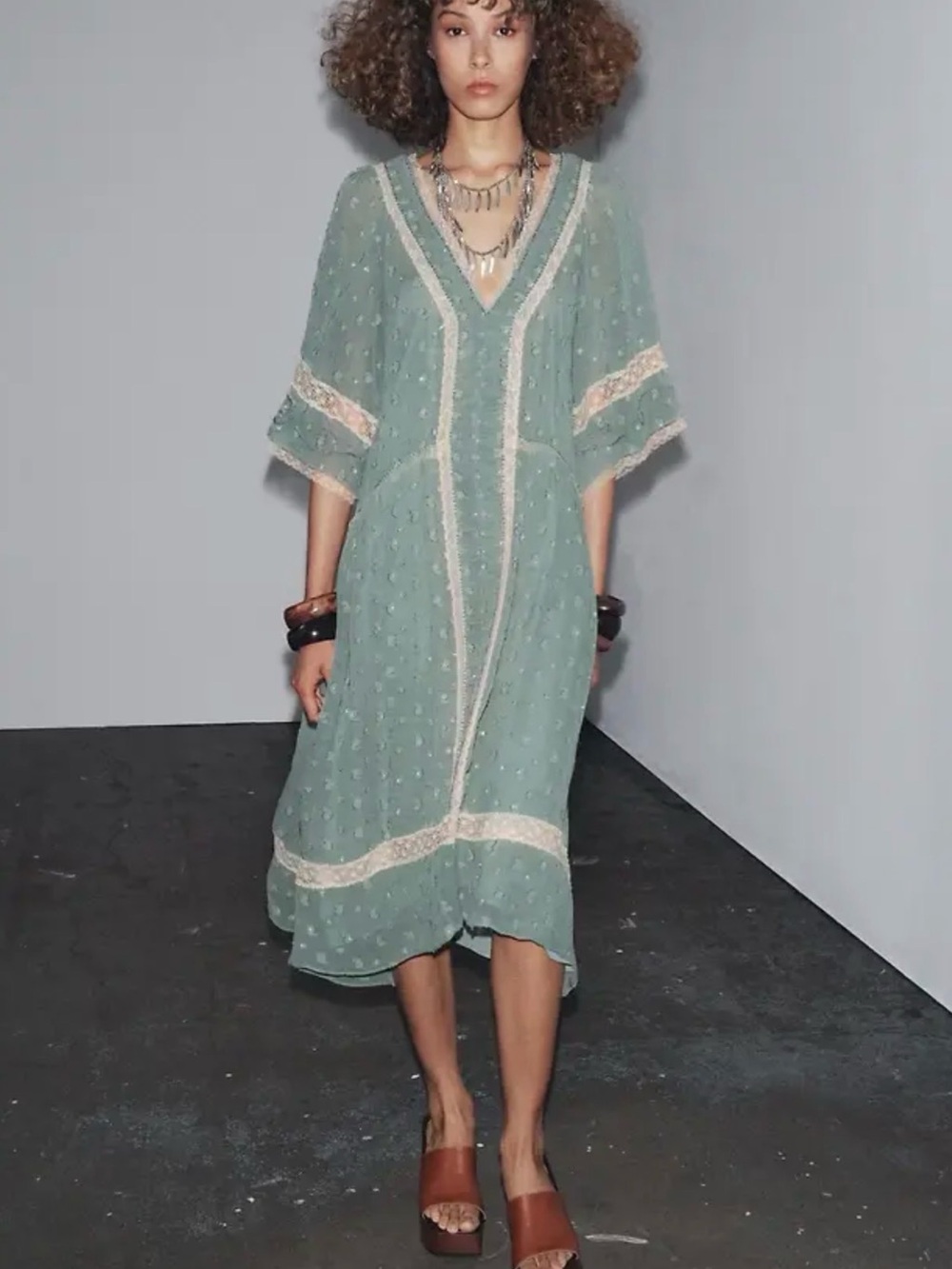 Zara Mint Green V-Neck Midi Dress with Lace Inserts
